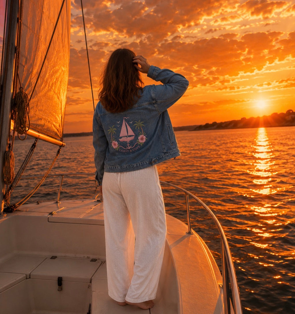 Pink Coastal Sailboat Denim Jacket