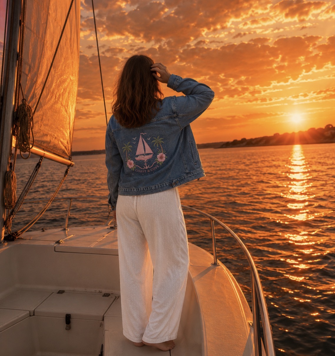 Pink Coastal Sailboat Denim Jacket